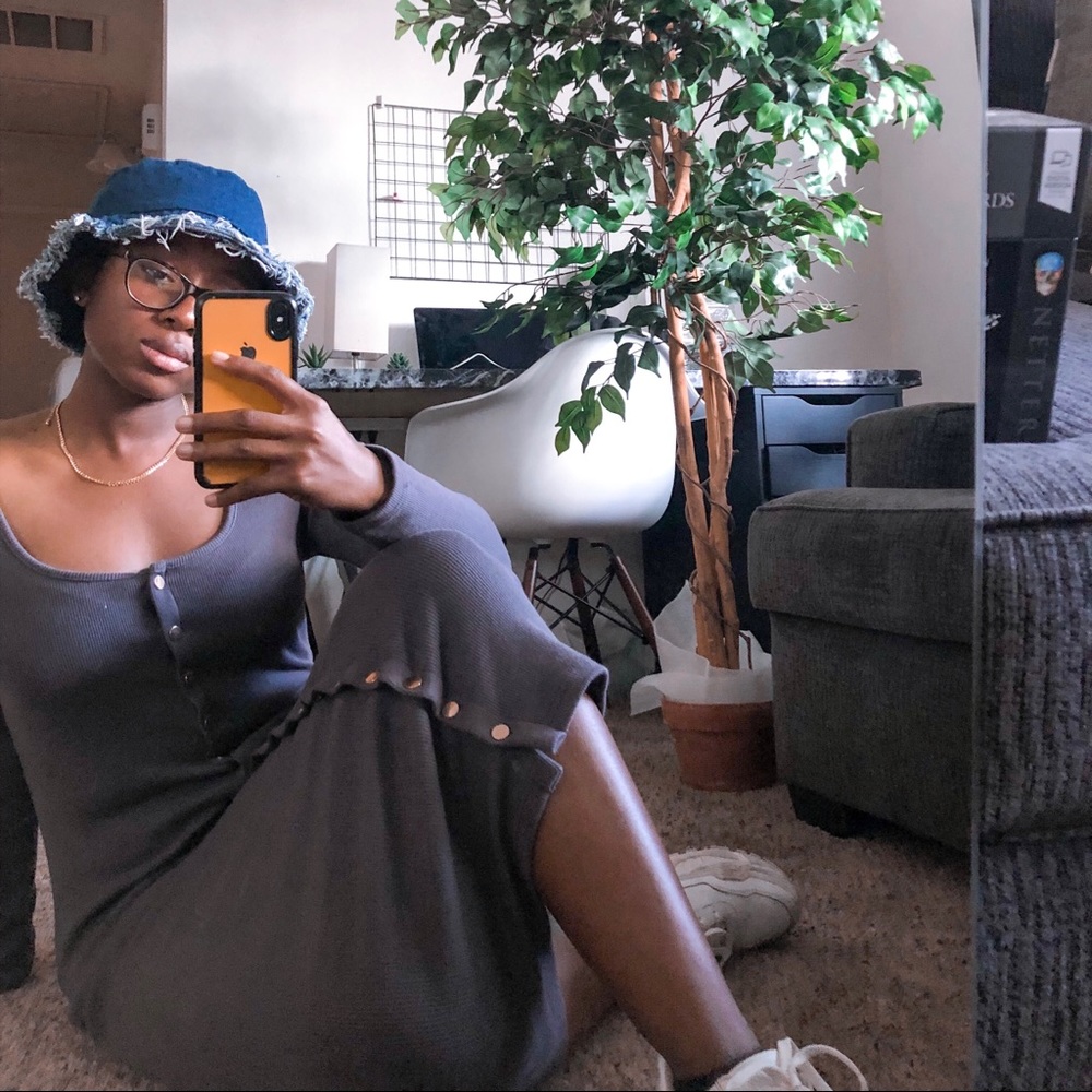 Grey Ribbed Popper Bodycon Midi Dress